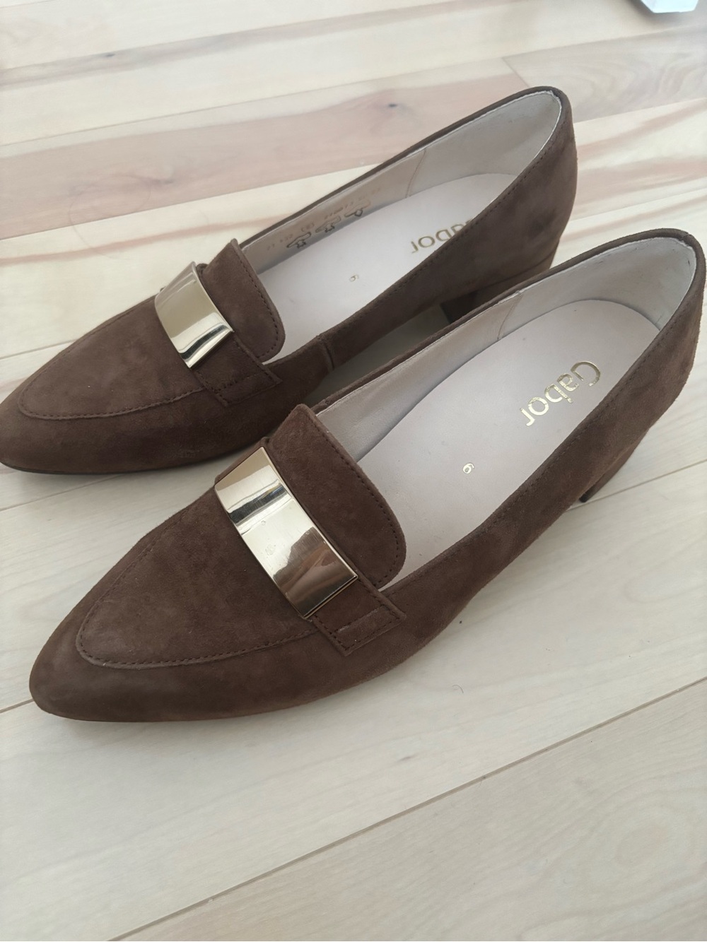 Gabor Brown Suede Loafers with Gold Accent Strap